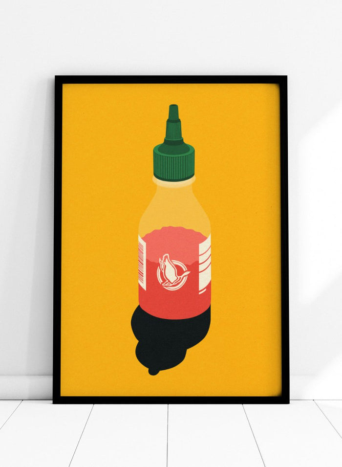 Chilli sauce bottle illustration on a yellow background. Chilli Sauce by Rosi Feist is a bold kitchen art print featuring a hot sauce bottle in modern graphic style. Contemporary food poster wall art.