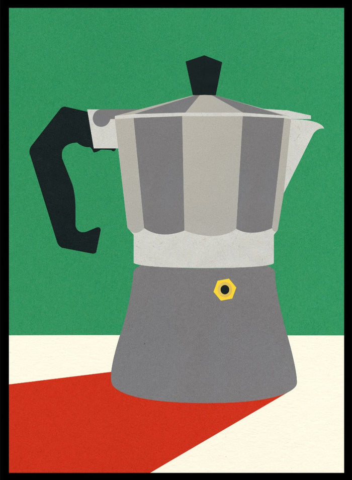 Stylized illustration of a Moka pot on a green, white, and red background. Stylized illustration of a Moka pot on a green, white, and red background. Espresso Italiano by Rosi Feist is a minimalist moka pot kitchen art print with Bauhaus-inspired color. Officially licensed modern poster with framing.