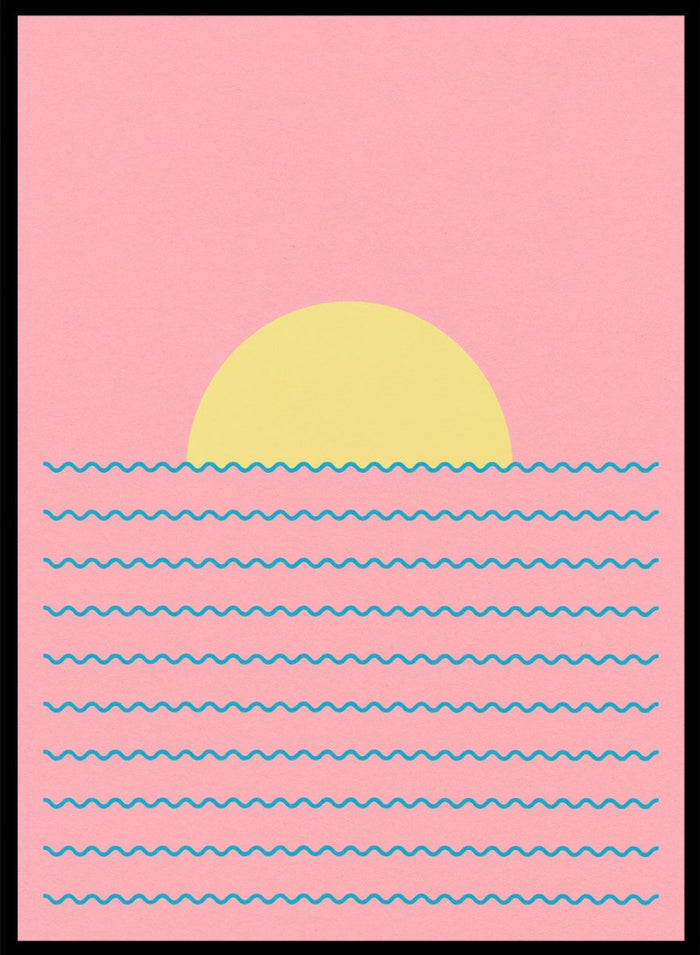 Simplified illustration of a sunset over water with blue waves on a pink background. Every Day the Sun Rises by Rosi Feist is a minimalist sun and waves art print with pink sky. Officially licensed modern poster with framing.