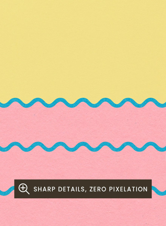 Simplified illustration of a sunset over water with blue waves on a pink background. Every Day the Sun Rises by Rosi Feist is a minimalist sun and waves art print with pink sky. Officially licensed modern poster with framing.
