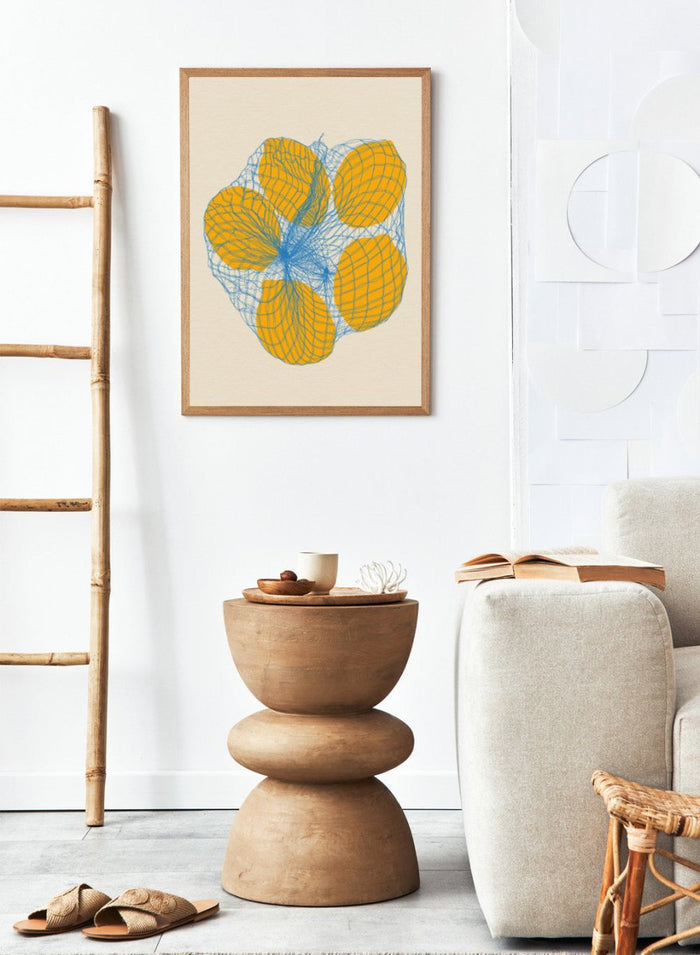 Geometric design with orange shapes and blue lines on a beige background. Five Lemons In a Net Bag by Rosi Feist is a modern minimalist fruit art print with Bauhaus design, officially licensed fine art poster.