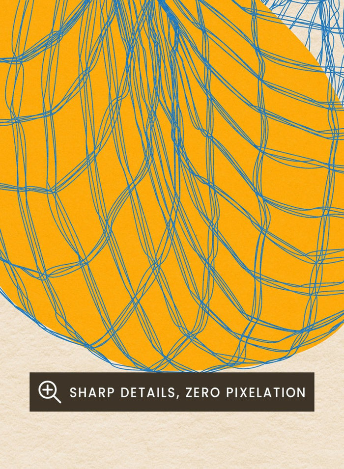 Geometric design with orange shapes and blue lines on a beige background. Five Lemons In a Net Bag by Rosi Feist is a modern minimalist fruit art print with Bauhaus design, officially licensed fine art poster.