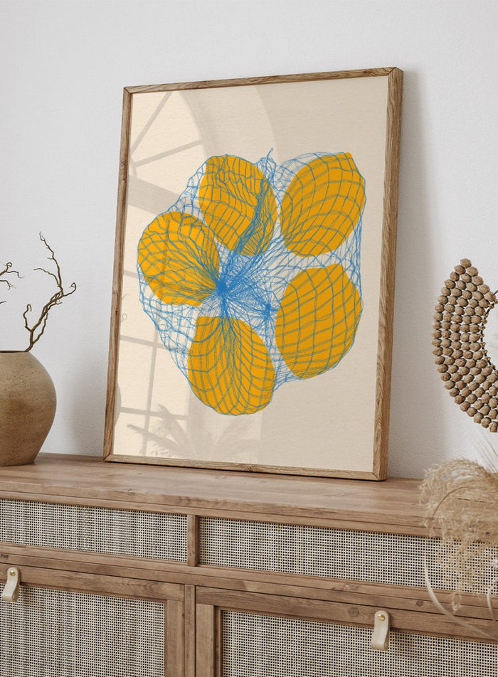 Geometric design with orange shapes and blue lines on a beige background. Five Lemons In a Net Bag by Rosi Feist is a modern minimalist fruit art print with Bauhaus design, officially licensed fine art poster.