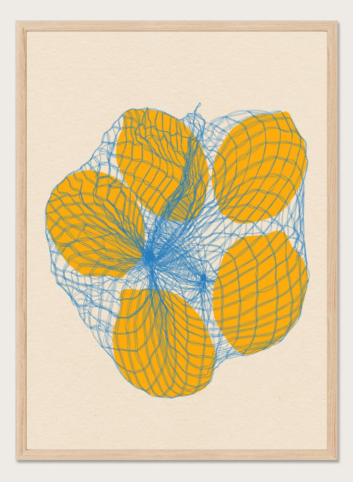 Geometric design with orange shapes and blue lines on a beige background. Five Lemons In a Net Bag by Rosi Feist is a modern minimalist fruit art print with Bauhaus design, officially licensed fine art poster.