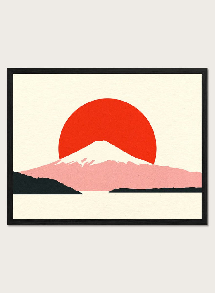 Framed artwork of a mountain with a red sun on a beige background. Fuji Sun by Rosi Feist is a modern Japanese landscape art print featuring Mount Fuji, a bold red sun, and minimalist contemporary poster design.
