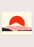 Framed artwork of a mountain with a red sun on a beige background. Fuji Sun by Rosi Feist is a modern Japanese landscape art print featuring Mount Fuji, a bold red sun, and minimalist contemporary poster design.