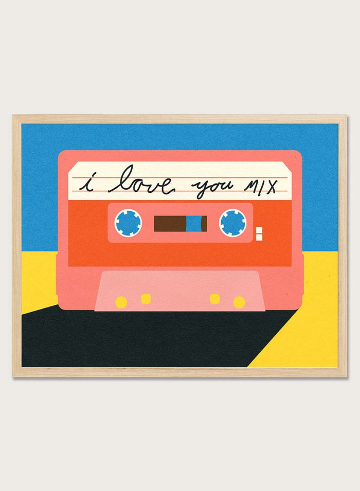 Illustration of a cassette tape with 'I love you mix' text on a blue and yellow background. I Love You Mix Tape by Rosi Feist is a bold pop art print of a retro cassette with a handwritten love note. Officially licensed wall poster with framing.