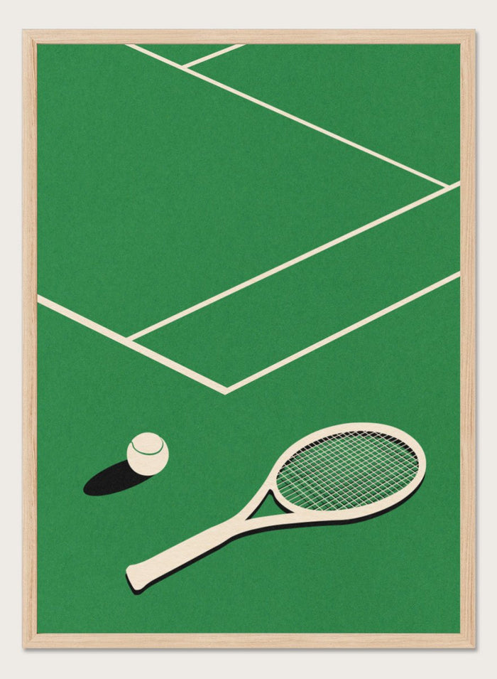 Tennis racket and ball on a green court with white lines. Lawn Tennis Club by Rosi Feist is a minimalist tennis court art print with modern Bauhaus design. Officially licensed fine art poster with framing.v