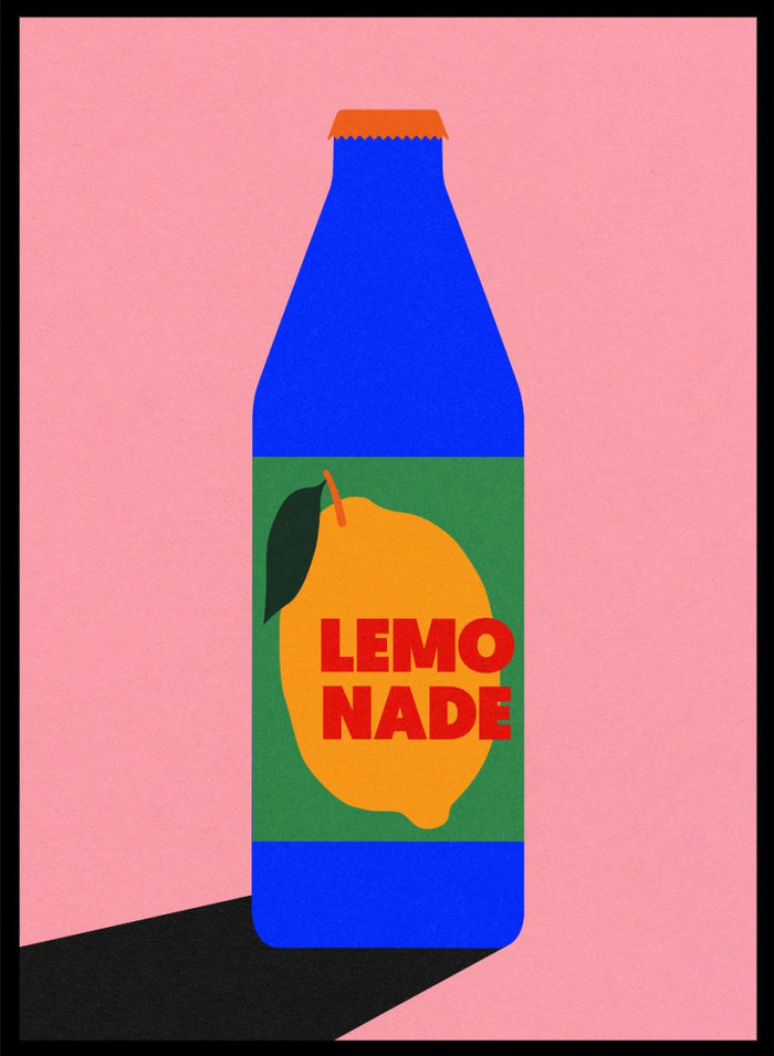 Blue bottle labeled 'Lemonade' with a lemon graphic on a pink background. Lemonade by Rosi Feist is a contemporary food and drink art print, perfect as modern kitchen poster wall decor with bold graphic design.