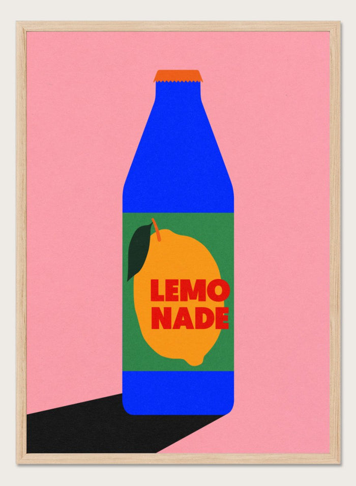 Blue bottle labeled 'Lemonade' with a lemon graphic on a pink background. Lemonade by Rosi Feist is a contemporary food and drink art print, perfect as modern kitchen poster wall decor with bold graphic design.
