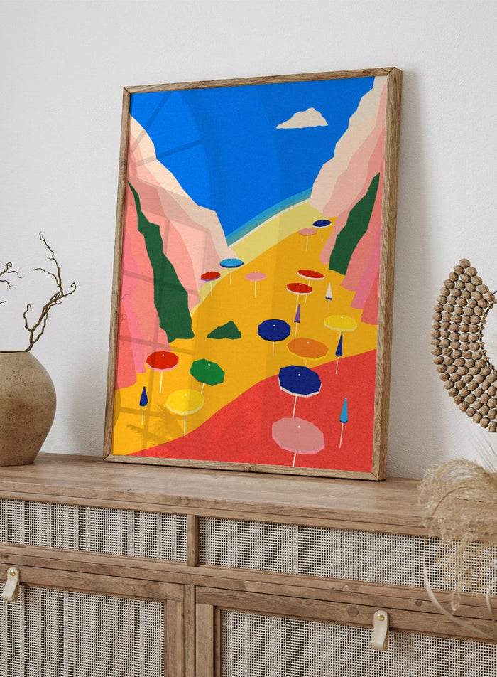 Colorful umbrellas on a red and yellow landscape with mountains and blue sky. Lido Liguria by Rosi Feist is a modern coastal art print with bold Mediterranean color, beach umbrellas, and minimalist Italian travel poster style.