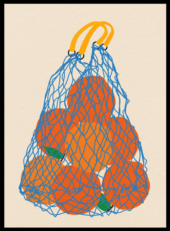 Blue mesh bag filled with orange fruits on a beige background. Oranges In a Net Bag by Rosi Feist is a modern minimalist fruit art print with bold color and Bauhaus-inspired graphic design. Officially licensed fine art poster with framing.