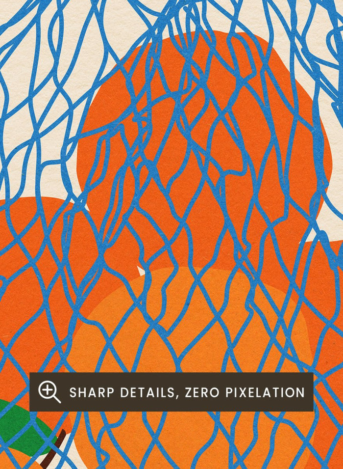 Blue mesh bag filled with orange fruits on a beige background. Oranges In a Net Bag by Rosi Feist is a modern minimalist fruit art print with bold color and Bauhaus-inspired graphic design. Officially licensed fine art poster with framing.