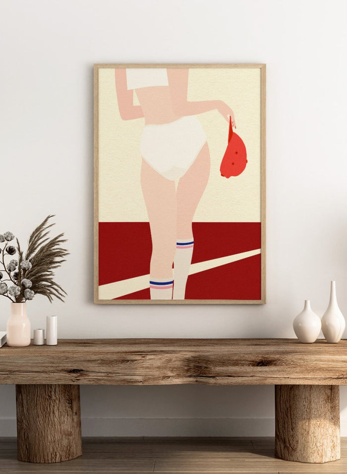 Illustration of a person in a white panty with a red cap on a beige and red background. Panties Socks Cap by Rosi Feist is a modern fashion art print with sporty minimalism, bold color blocking, and contemporary graphic poster style.