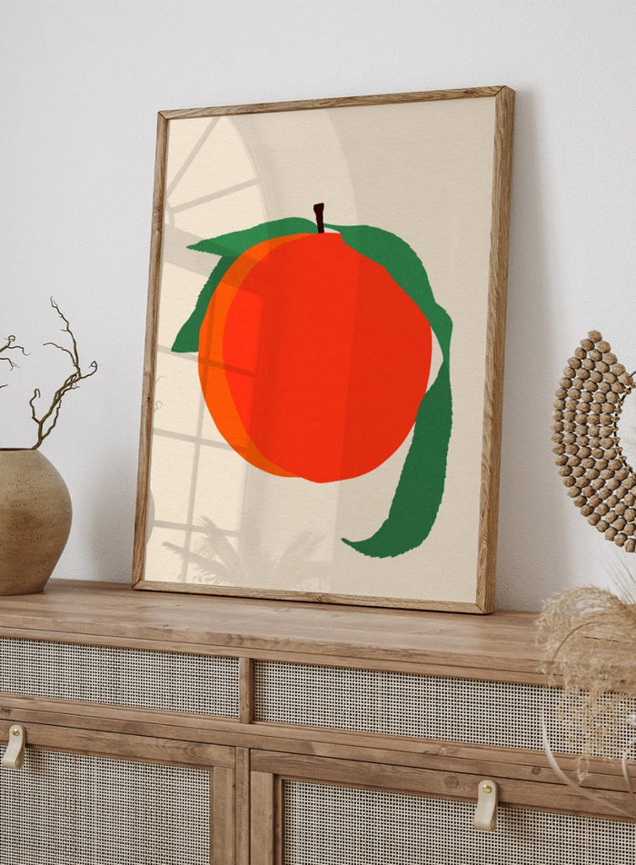 Illustration of a peach with green leaves on a beige background. Peach by Rosi Feist is a modern minimalist fruit art print with bold color and Bauhaus-inspired graphic design. Officially licensed fine art poster with framing.