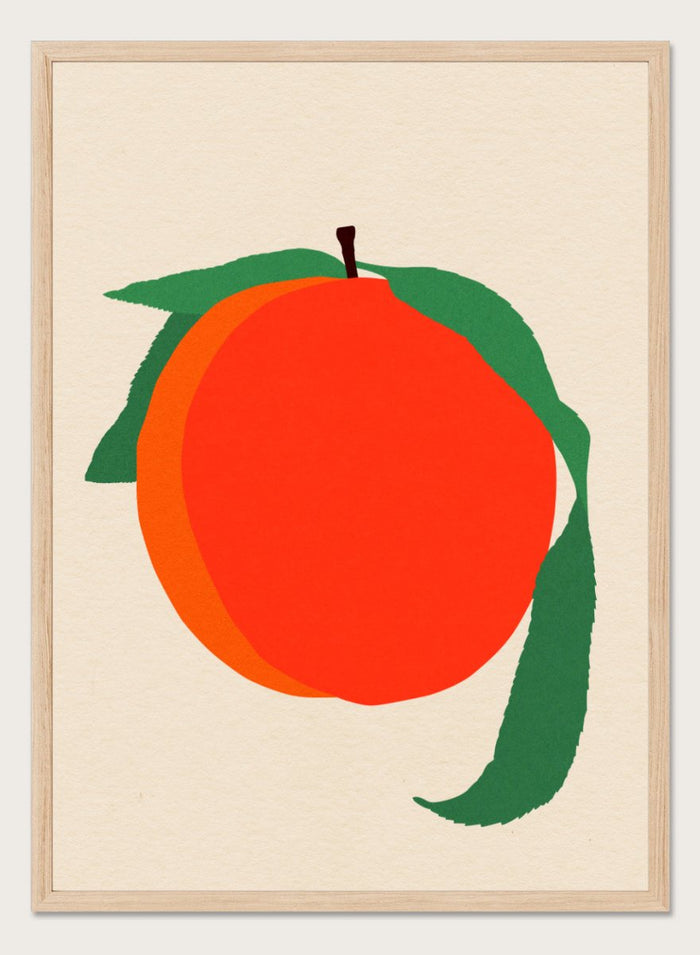 Illustration of a peach with green leaves on a beige background. Peach by Rosi Feist is a modern minimalist fruit art print with bold color and Bauhaus-inspired graphic design. Officially licensed fine art poster with framing.