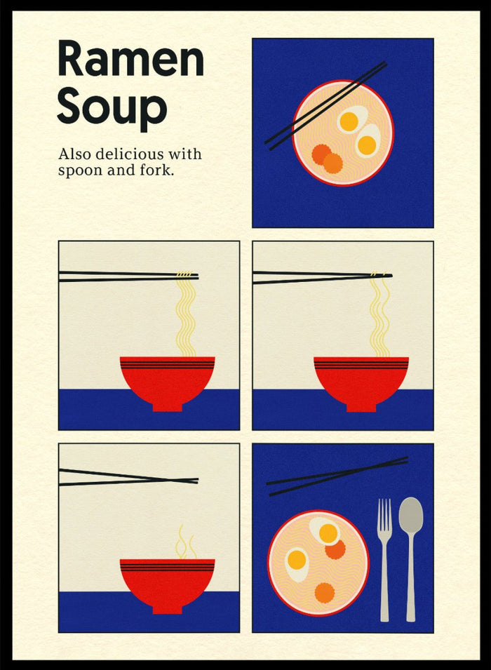 Illustration of ramen soup with chopsticks, a spoon, and fork on a blue background. Ramen Soup by Rosi Feist is a minimalist ramen art print with bold Bauhaus color, chopsticks, and playful humor. Officially licensed modern food poster.