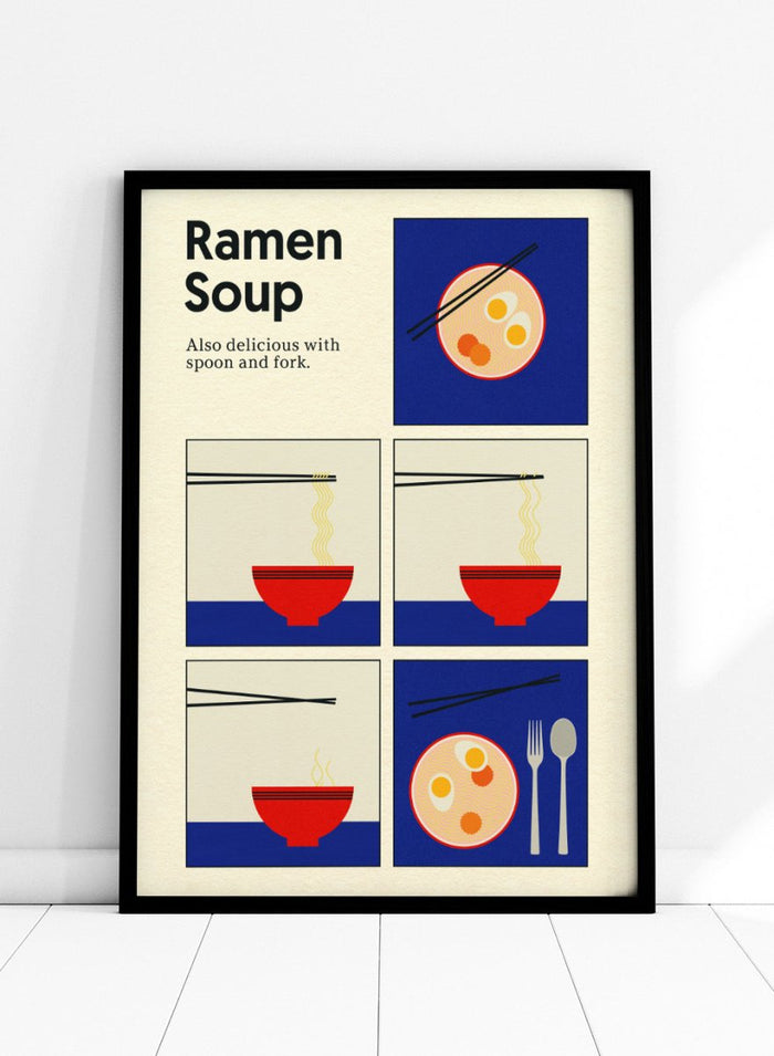 Illustration of ramen soup with chopsticks, a spoon, and fork on a blue background. Ramen Soup by Rosi Feist is a minimalist ramen art print with bold Bauhaus color, chopsticks, and playful humor. Officially licensed modern food poster.