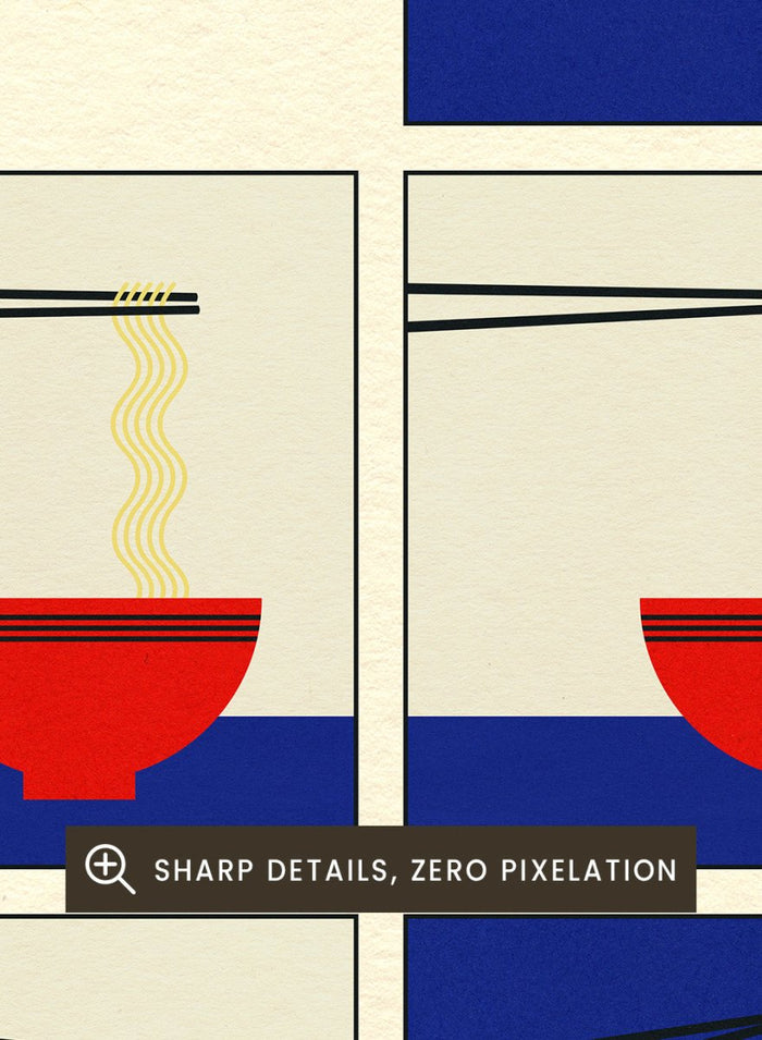 Illustration of ramen soup with chopsticks, a spoon, and fork on a blue background. Ramen Soup by Rosi Feist is a minimalist ramen art print with bold Bauhaus color, chopsticks, and playful humor. Officially licensed modern food poster.
