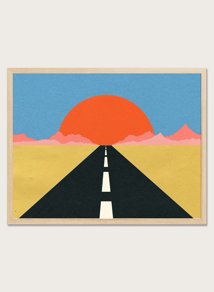 Simplified illustration of a road leading to a large red sun in a blue sky. Road To Sun by Rosi Feist is a modern landscape art print featuring a minimalist desert road, bold sunset colors, and contemporary graphic poster design.