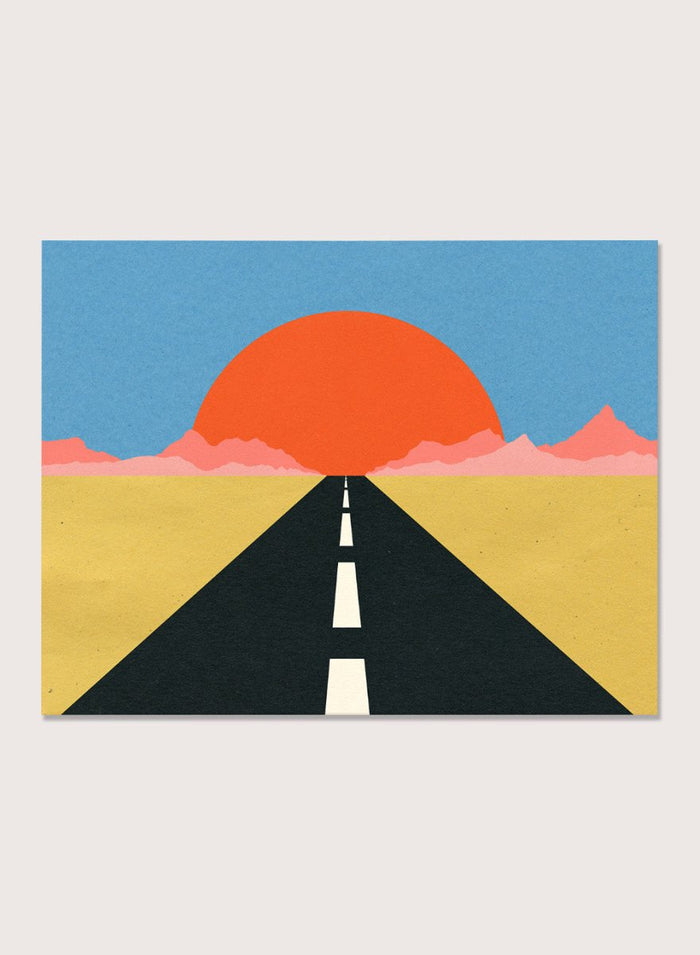 Simplified illustration of a road leading to a large red sun in a blue sky. Road To Sun by Rosi Feist is a modern landscape art print featuring a minimalist desert road, bold sunset colors, and contemporary graphic poster design.