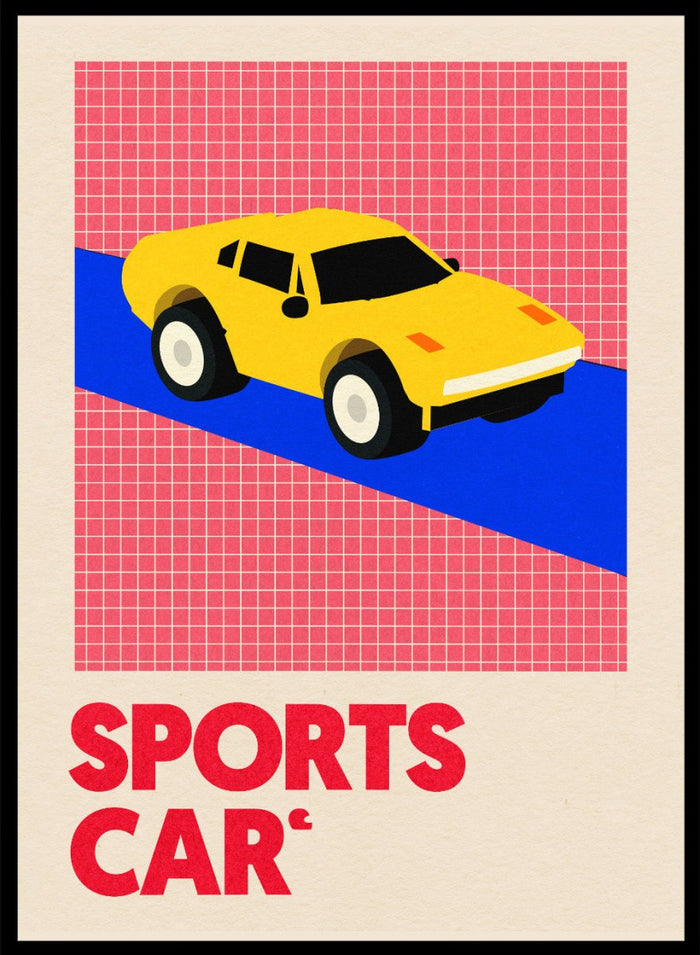 Yellow sports car on a red and blue geometric background with 'SPORTS CAR' text. Sports Car by Rosi Feist is a bold minimalist car art print featuring a bright yellow sports car and graphic typography. Officially licensed Bauhaus-inspired fine art poster with framing.