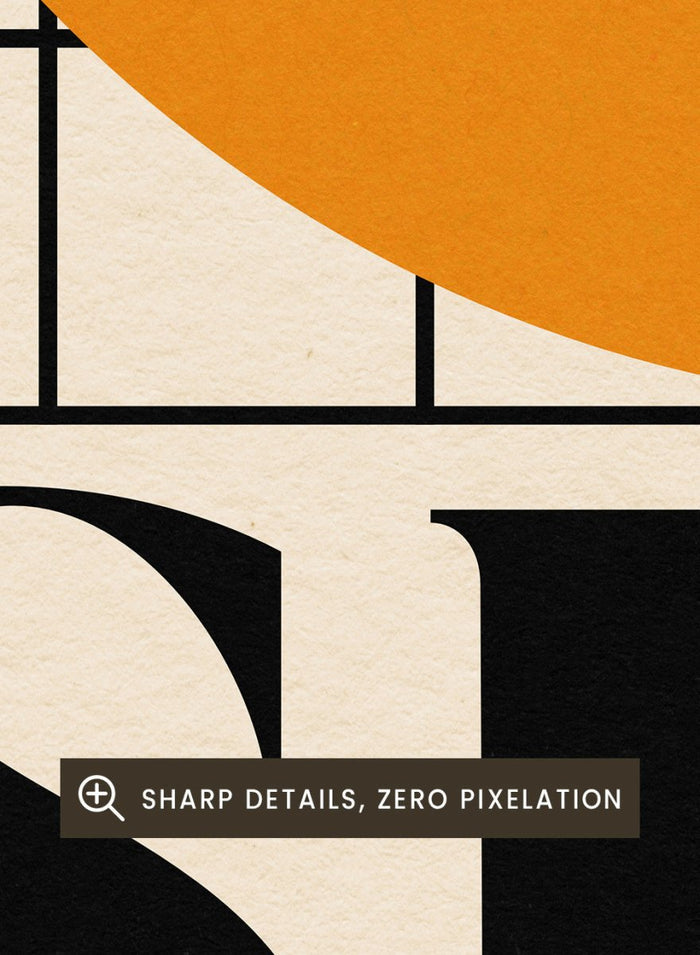 Poster with a large orange circle and the word 'SUN' on a beige background. Sun by Rosi Feist is a bold minimalist Bauhaus-inspired art print featuring an orange circle and graphic grid. Officially licensed modern poster with framing.