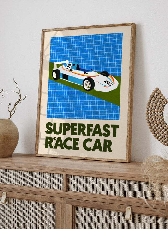 Poster of a race car with 'Superfast Race Car' text on a grid background. Superfast Race Car by Rosi Feist is a modern race car art print with bold graphic color, retro motorsport style, and contemporary poster design.