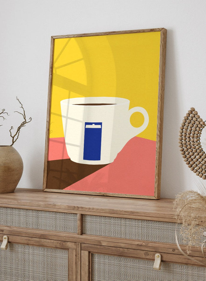 White coffee cup with a blue book design on a yellow and pink background. Tazza by Rosi Feist is a minimalist modern art print of a coffee cup in bold Bauhaus-inspired color blocks. Officially licensed fine art poster with framing.
