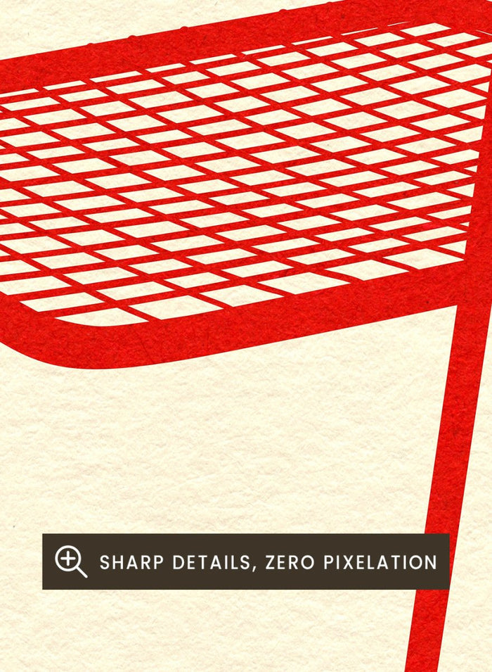 Red metal chair on a beige background. Modern chair wall art print by Rosi Feist featuring a bold red wire net chair illustration. Contemporary minimalist poster for design lovers.