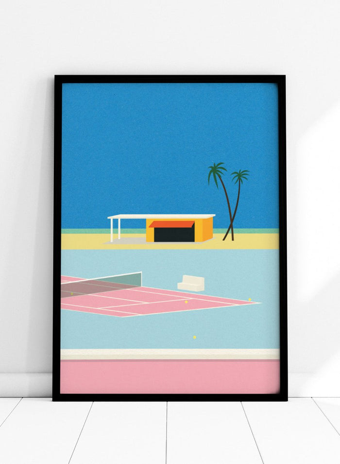 Simplified illustration of a tennis court with a small building and palm trees against a blue sky. Tennis By the Beach by Rosi Feist is a minimalist modern art print of a tennis court beside beach and palm trees. Officially licensed fine art poster with framing.