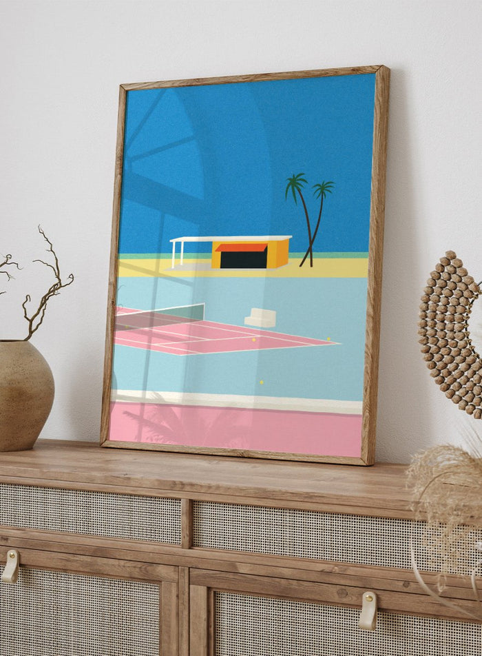 Simplified illustration of a tennis court with a small building and palm trees against a blue sky. Tennis By the Beach by Rosi Feist is a minimalist modern art print of a tennis court beside beach and palm trees. Officially licensed fine art poster with framing.