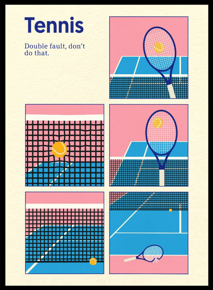 Illustrated poster of tennis with racquets and ball on a pink and blue background. Tennis Double Fault by Rosi Feist is a minimalist tennis poster with graphic court design, modern sports wall art, officially licensed fine art print.