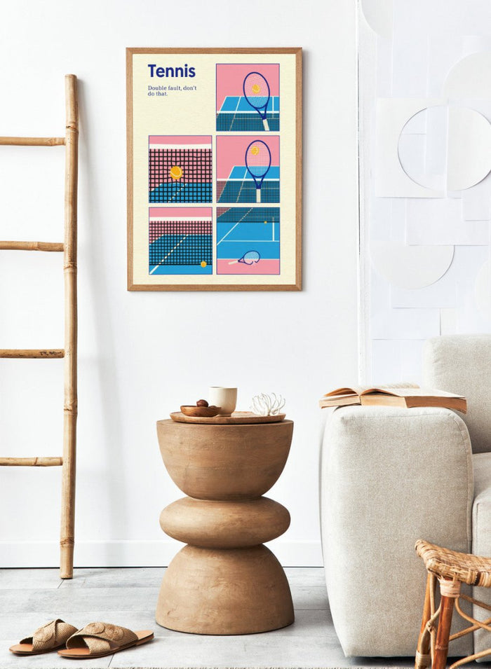 Illustrated poster of tennis with racquets and ball on a pink and blue background. Tennis Double Fault by Rosi Feist is a minimalist tennis poster with graphic court design, modern sports wall art, officially licensed fine art print.