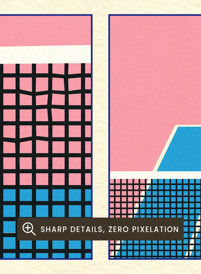 Illustrated poster of tennis with racquets and ball on a pink and blue background. Tennis Double Fault by Rosi Feist is a minimalist tennis poster with graphic court design, modern sports wall art, officially licensed fine art print.