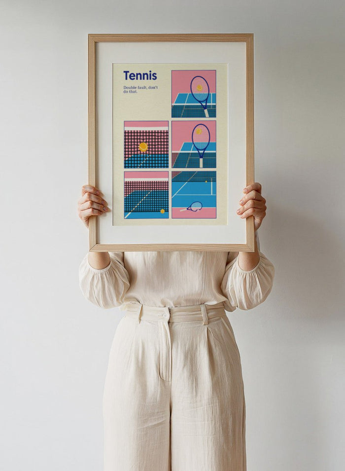 Illustrated poster of tennis with racquets and ball on a pink and blue background. Tennis Double Fault by Rosi Feist is a minimalist tennis poster with graphic court design, modern sports wall art, officially licensed fine art print.