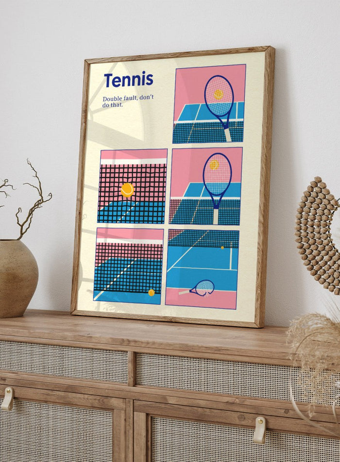 Illustrated poster of tennis with racquets and ball on a pink and blue background. Tennis Double Fault by Rosi Feist is a minimalist tennis poster with graphic court design, modern sports wall art, officially licensed fine art print.