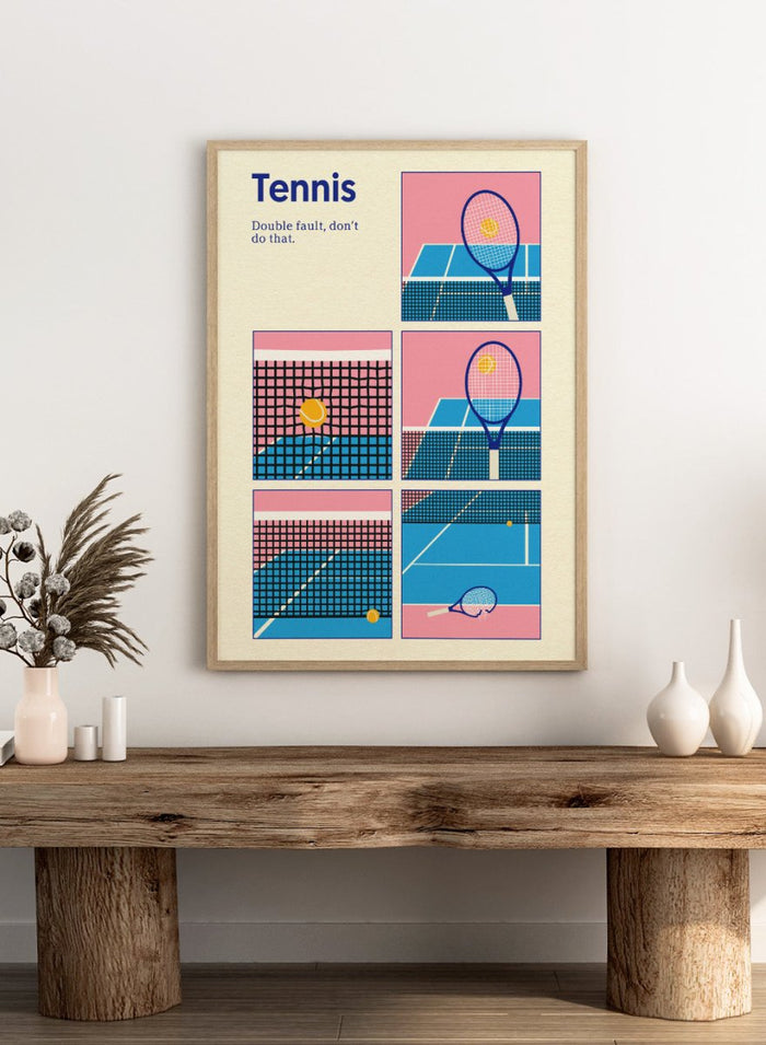 Illustrated poster of tennis with racquets and ball on a pink and blue background. Tennis Double Fault by Rosi Feist is a minimalist tennis poster with graphic court design, modern sports wall art, officially licensed fine art print.