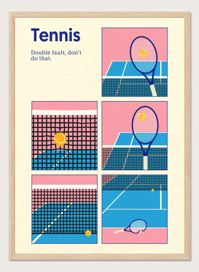 Illustrated poster of tennis with racquets and ball on a pink and blue background. Tennis Double Fault by Rosi Feist is a minimalist tennis poster with graphic court design, modern sports wall art, officially licensed fine art print.