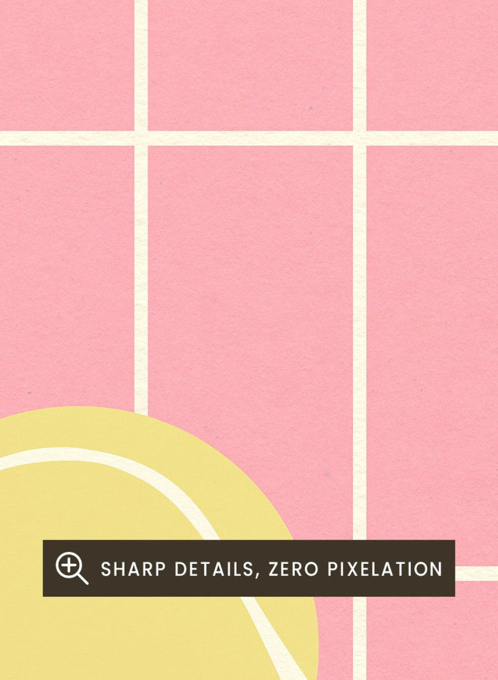 Two yellow tennis balls on a pink grid background with a green stripe at the bottom. Tennis Kitchen by Rosi Feist is a modern minimalist fine art print featuring oversized tennis balls on pink tile. Officially licensed wall poster with optional artisan framing.