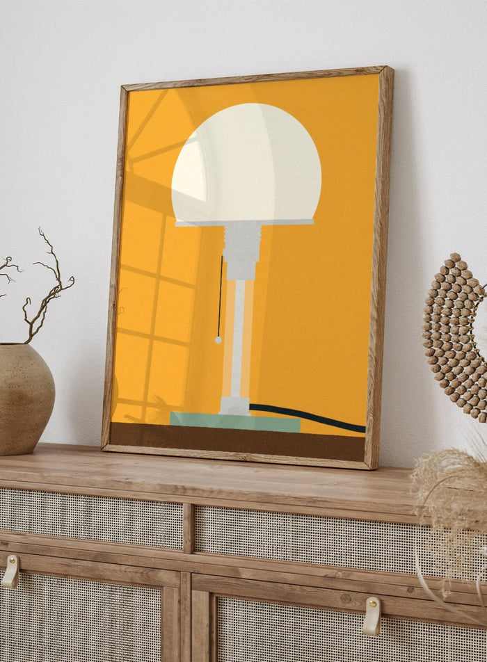 Illustration of a lamp on an orange background. Wagenfeld WG24 Table Lamp by Rosi Feist is a modern minimalist fine art print inspired by Bauhaus design. Officially licensed wall poster with optional artisan framing.