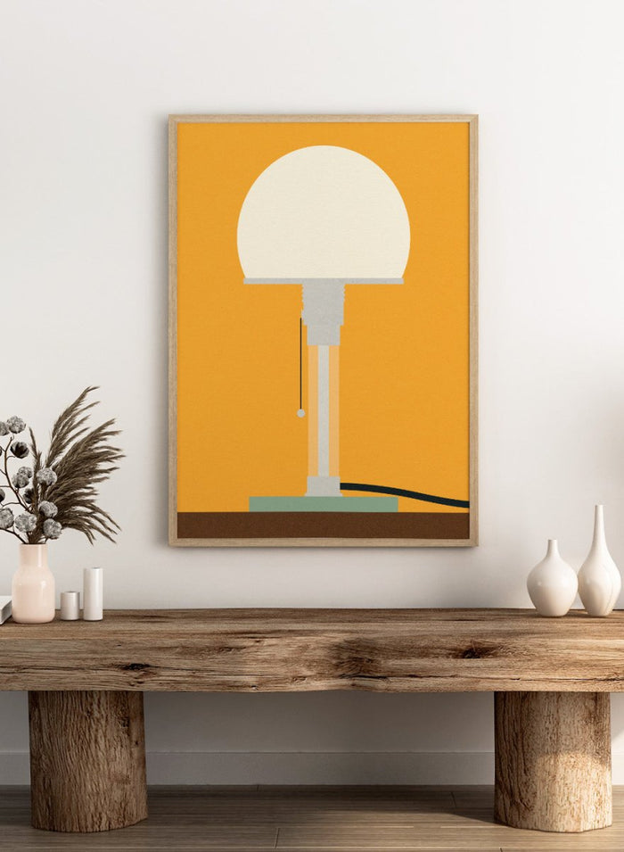 Illustration of a lamp on an orange background. Wagenfeld WG24 Table Lamp by Rosi Feist is a modern minimalist fine art print inspired by Bauhaus design. Officially licensed wall poster with optional artisan framing.