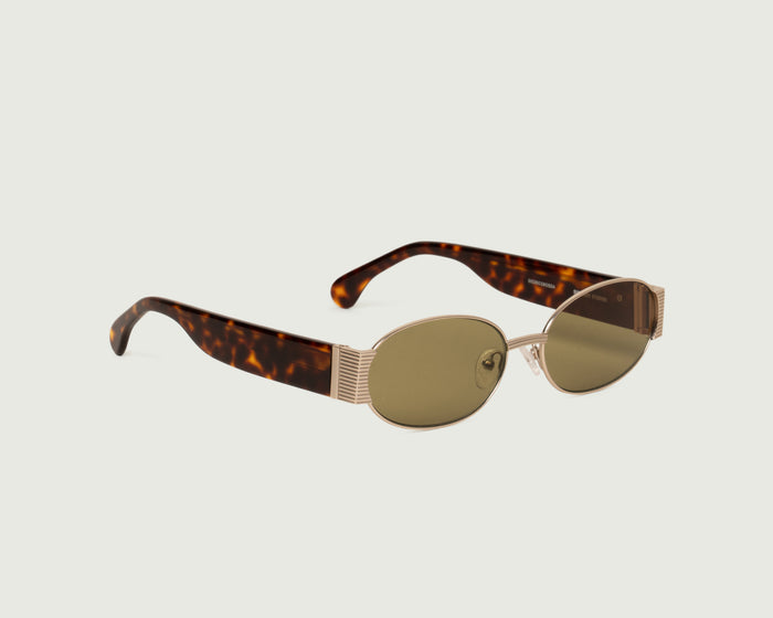White Gold Chartreuse::Moya Sunglasses oval Gold metal front diagonal