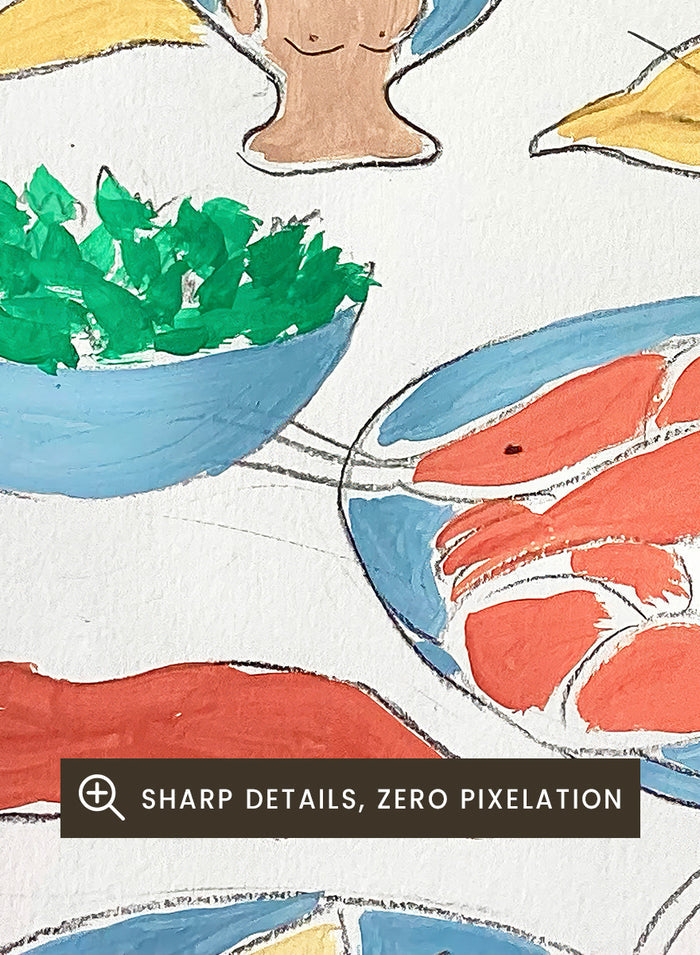 A framed still life art print featuring yellow tulips in a blue vase, bowls of oranges, red shrimp, green peppers, and yellow lemon wedges. Shop Fresh Flowers and Feast by Rushati Chowdhury, a colorful food and floral art print featuring shrimp, oranges, peppers, greens, lemon, and yellow flowers.