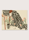 Artistic depiction of a person with striped pants sitting on a chair with floral arrangements. Tulips By My Feet by Sannel Larson is a modern minimalist art print with woman in striped pants and soft tulips. Officially licensed wall poster with framing.