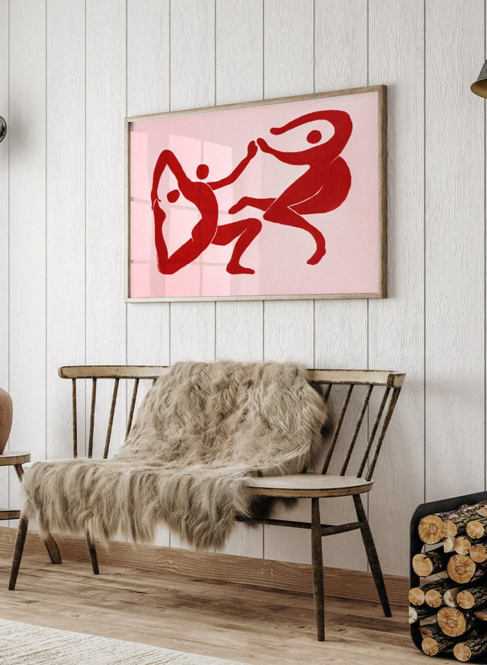 Red abstract figures on a pink background. Fluid Dance Forms by Santhosh CH is an abstract illustration art print featuring expressive human figures, bold red color, modern movement design, and contemporary wall art style.