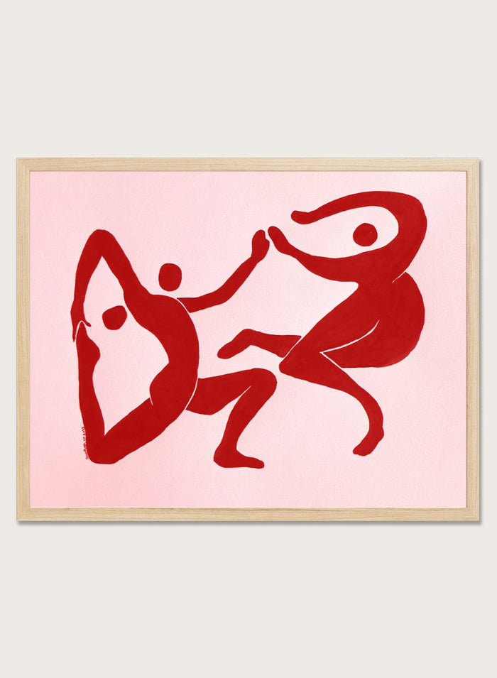 Red abstract figures on a pink background. Fluid Dance Forms by Santhosh CH is an abstract illustration art print featuring expressive human figures, bold red color, modern movement design, and contemporary wall art style.