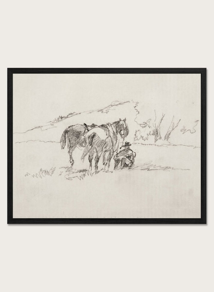 A framed black and white sketch print depicting a cowboy and horse, set against a light beige background. Sketch Made on Indian Reservation, Montana by Walter Shirlaw is a vintage horse sketch featuring a seated figure, grazing horses, and the Montana landscape.