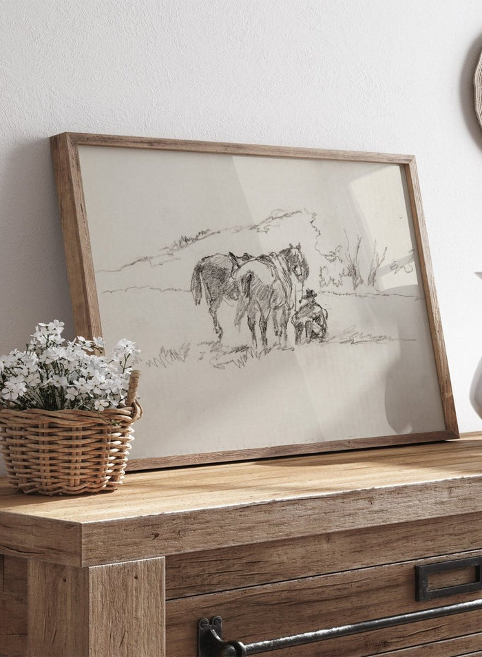 A framed black and white sketch print depicting a cowboy and horse, set against a light beige background. Sketch Made on Indian Reservation, Montana by Walter Shirlaw is a vintage horse sketch featuring a seated figure, grazing horses, and the Montana landscape.