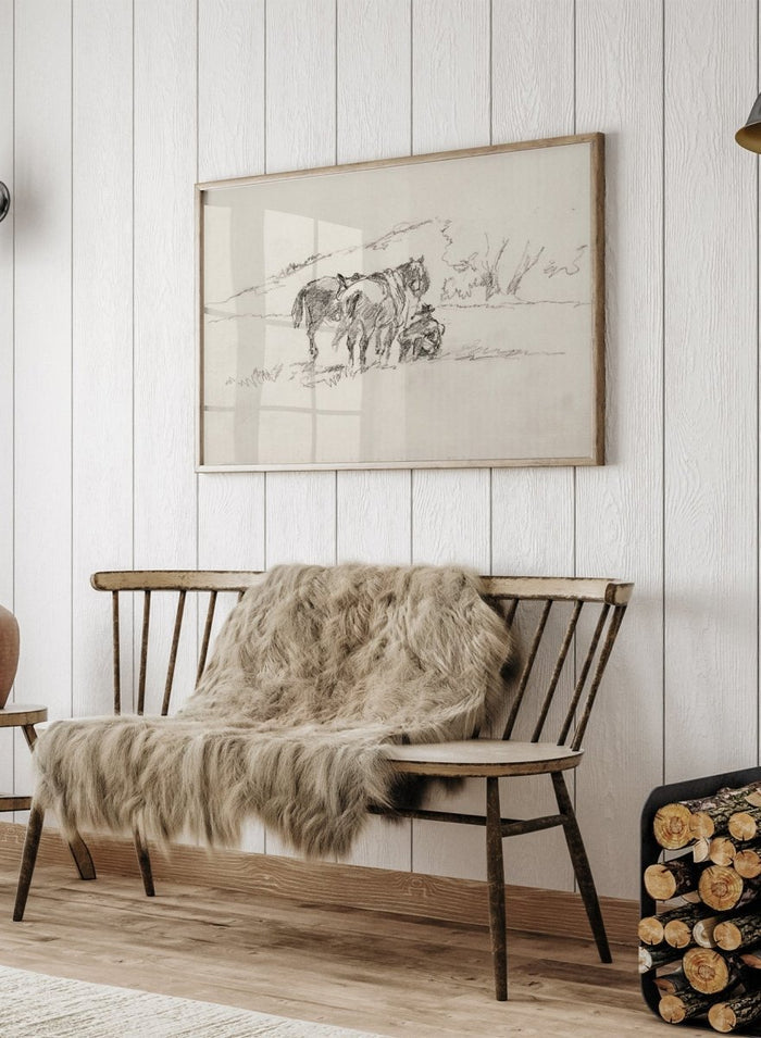 A framed black and white sketch print depicting a cowboy and horse, set against a light beige background. Sketch Made on Indian Reservation, Montana by Walter Shirlaw is a vintage horse sketch featuring a seated figure, grazing horses, and the Montana landscape.